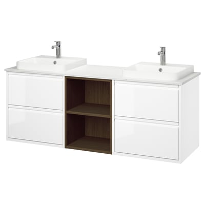 ÄNGSJÖN / BACKSJÖN Sink cab/sinks/taps, high-gloss white/brown oak effect/white marble effect, 67x21 1/2x28 1/4 "