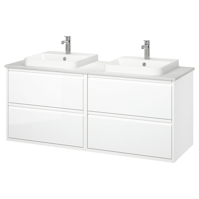ÄNGSJÖN / BACKSJÖN sink cab/sinks/taps, high gloss white/white marble ...