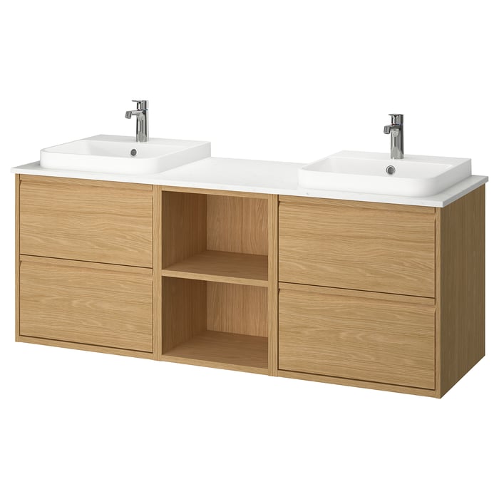 ÄNGSJÖN / BACKSJÖN sink cab/sinks/taps, oak effect/white marble effect ...
