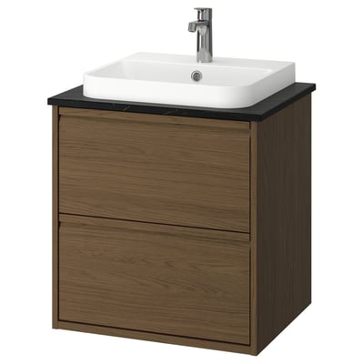 ÄNGSJÖN / BACKSJÖN Sink cab w drawers/sink/tap, brown oak effect/black marble effect, 25x21 1/2x28 1/4 "