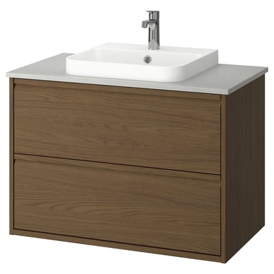 ÄNGSJÖN / BACKSJÖN Sink cab w drawers/sink/tap, brown oak effect/gray stone effect, 37x21 1/2x28 1/4 "