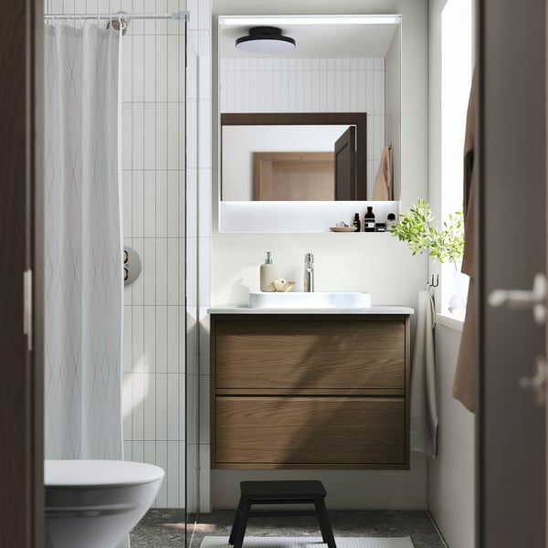 ÄNGSJÖN / BACKSJÖN Sink cab w drawers/sink/tap, brown oak effect/gray stone effect, 31x21 1/2x28 1/4 "