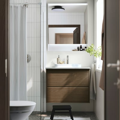 ÄNGSJÖN / BACKSJÖN Sink cab w drawers/sink/tap, brown oak effect/gray stone effect, 31x21 1/2x28 1/4 "