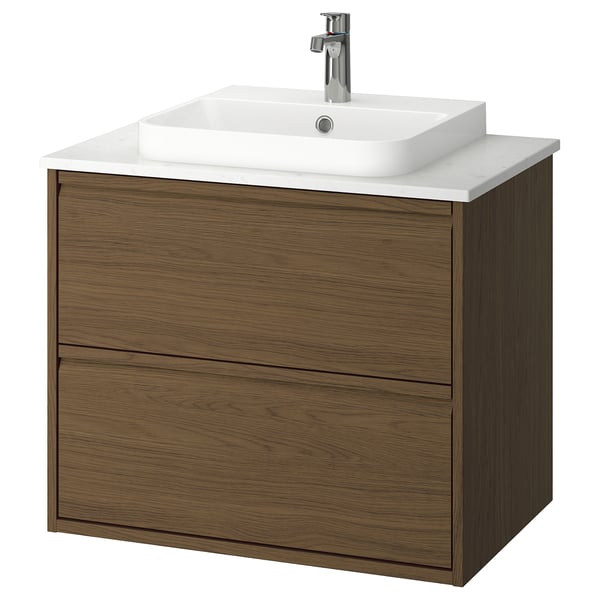 ÄNGSJÖN / BACKSJÖN Sink cab w drawers/sink/tap, brown oak effect/white marble effect, 31x21 1/2x28 1/4 "