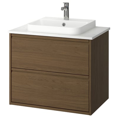 Modern wall-mounted bathroom vanity in brown oak, square white basin, chrome tap.