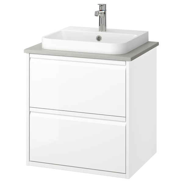 ÄNGSJÖN / BACKSJÖN Sink cab w drawers/sink/tap, high gloss white/gray stone effect, 25x21 1/2x28 1/4 "