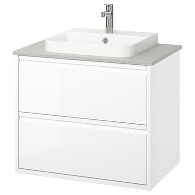 ÄNGSJÖN / BACKSJÖN Sink cab w drawers/sink/tap, high gloss white/gray stone effect, 31x21 1/2x28 1/4 "