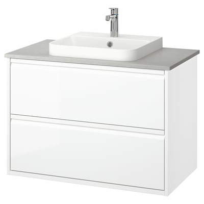 ÄNGSJÖN / BACKSJÖN Sink cab w drawers/sink/tap, high gloss white/gray stone effect, 37x21 1/2x28 1/4 "