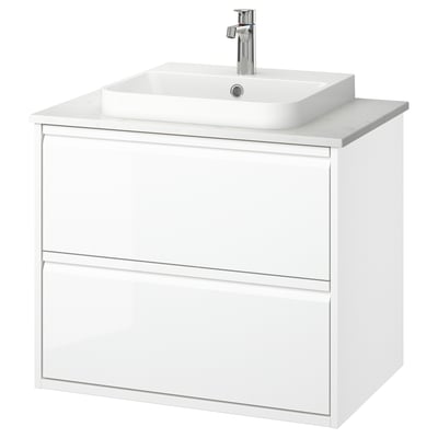 ÄNGSJÖN / BACKSJÖN Sink cab w drawers/sink/tap, high gloss white/white marble effect, 31x21 1/2x28 1/4 "
