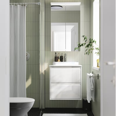 ÄNGSJÖN / BACKSJÖN Sink cab w drawers/sink/tap, high gloss white/white marble effect, 25x21 1/2x28 1/4 "