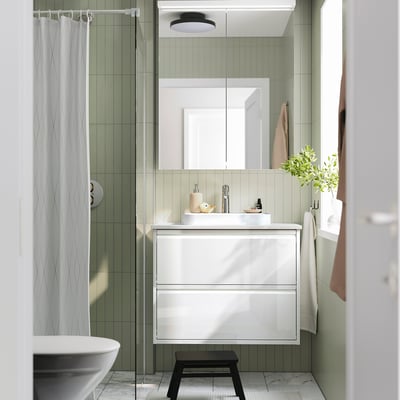 ÄNGSJÖN / BACKSJÖN Sink cab w drawers/sink/tap, high gloss white/white marble effect, 31x21 1/2x28 1/4 "