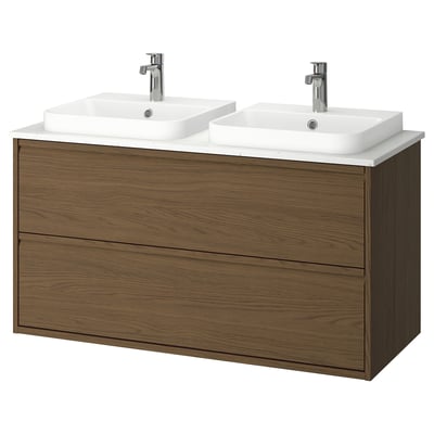 ÄNGSJÖN / BACKSJÖN Sink cab w drawers/sink/taps, brown oak effect/white marble effect, 49x21 1/2x28 1/4 "