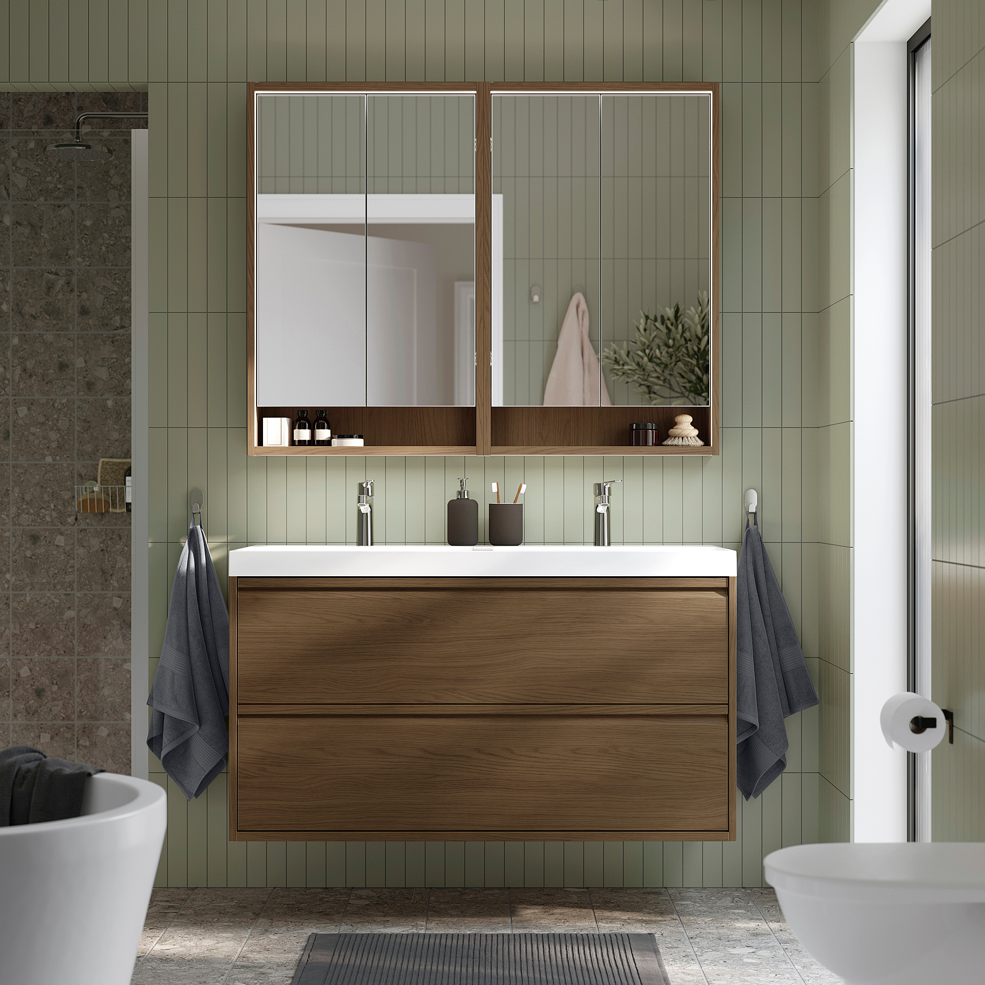 ÄNGSJÖN / BACKSJÖN Sink cab w drawers/sink/taps, brown oak effect, 48 1/8x21x27 1/2 "