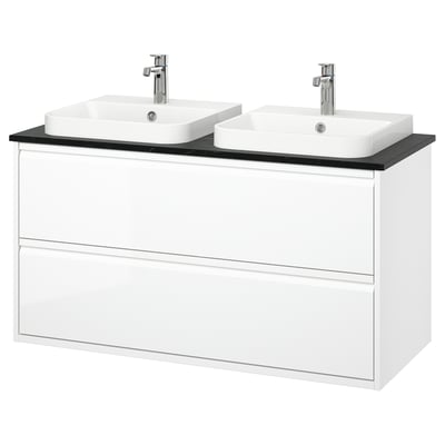 ÄNGSJÖN / BACKSJÖN Sink cab w drawers/sink/taps, high gloss white/black marble effect, 49x21 1/2x28 1/4 "