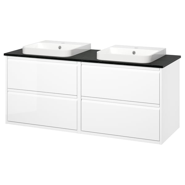 ÄNGSJÖN / BACKSJÖN Vanities, high gloss white/black marble effect, 61x21 1/2x28 1/4 "