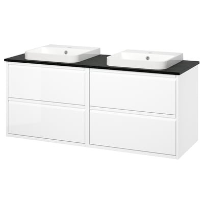 ÄNGSJÖN / BACKSJÖN Vanities, high gloss white/black marble effect, 61x21 1/2x28 1/4 "
