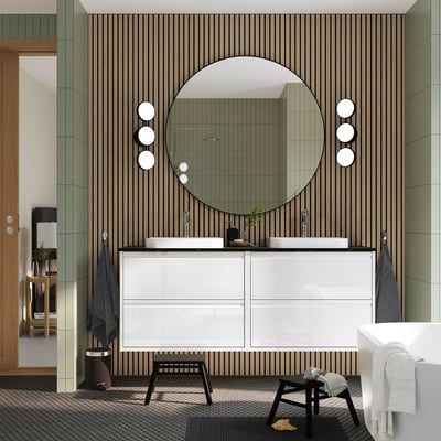 Modern white vanity ÄNGSJÖN with 2 sinks, drawers, striped wall, large mirror, black accents.