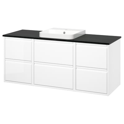 ÄNGSJÖN / BACKSJÖN Vanity, high gloss white/black marble effect, 61x21 1/2x28 1/4 "