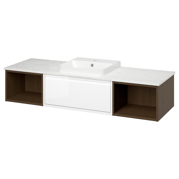 Modern floating bathroom vanity in white with open shelves on each side and a marble countertop with a central square sink.