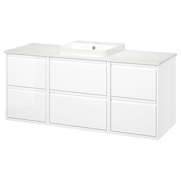 ÄNGSJÖN / BACKSJÖN Vanity, high gloss white/white marble effect, 61x21 1/2x28 1/4 "