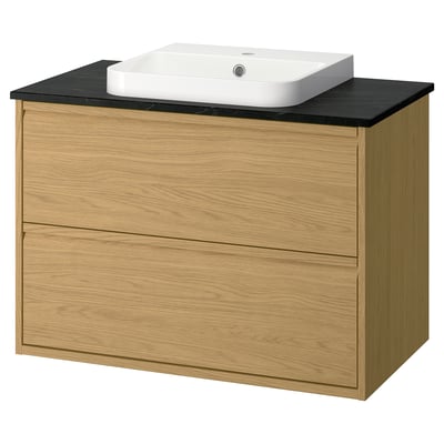 ÄNGSJÖN / BACKSJÖN Vanity with drawers, oak effect/black marble effect, 37x21 1/2x28 1/4 "