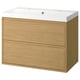 Modern oak vanilla bathroom vanity with two drawers, large white sink, minimalist handles, sleek design.