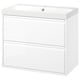 Modern white bathroom vanity with glossy finish, single basin, integrated handles, wall-mountable, two full drawers.
