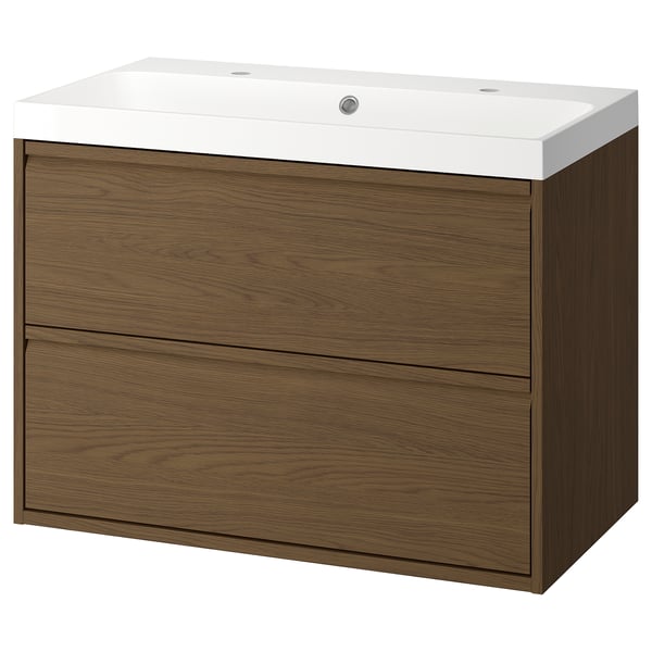 ÄNGSJÖN bathroom vanity in oak with sleek white sink, minimalist handles, wall-mounted, spacious drawers.