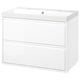 White modern bathroom cabinet with integrated handles and marble sink.