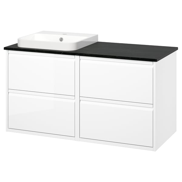 White ÄNGSJÖN vanity with black countertop, white sink, two drawers.