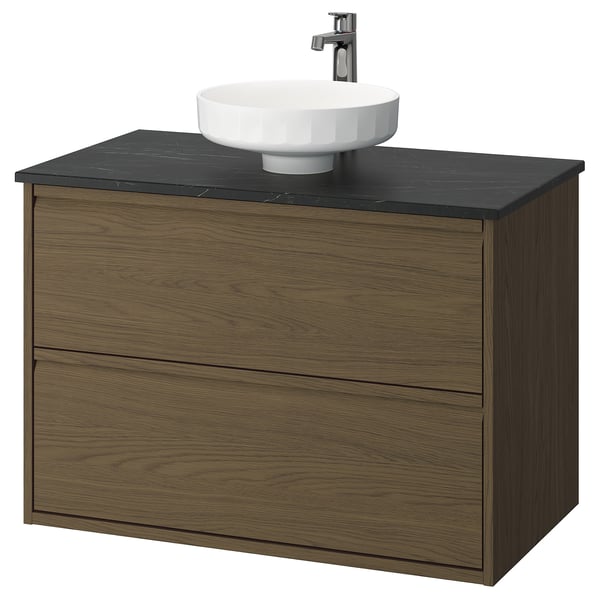 ÄNGSJÖN / LERSJÖN Sink cab w drawers/sink/tap, brown oak effect/black marble effect, 37x21 1/2x31 3/8 "