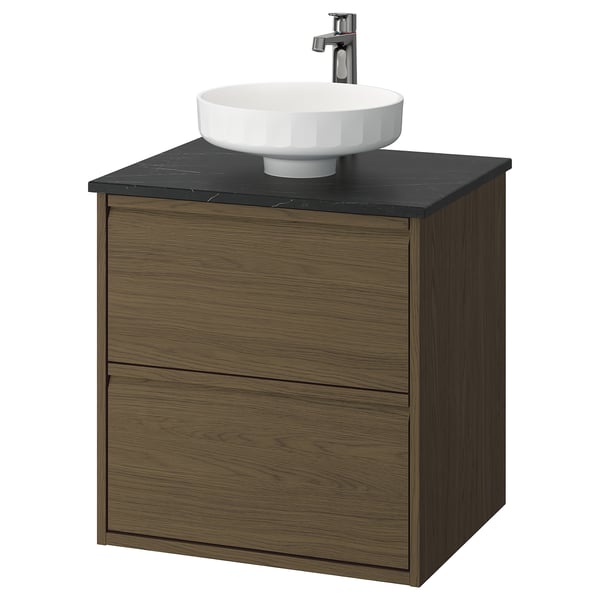 ÄNGSJÖN / LERSJÖN Sink cab w drawers/sink/tap, brown oak effect/black marble effect, 25x21 1/2x31 3/8 "
