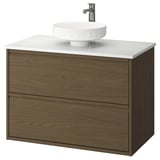 ÄNGSJÖN / LERSJÖN Sink cab w drawers/sink/tap, brown oak effect/white marble effect, 37x21 1/2x31 3/8 "