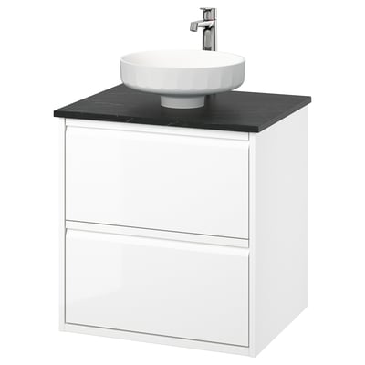 ÄNGSJÖN / LERSJÖN Sink cab w drawers/sink/tap, high gloss white/black marble effect, 25x21 1/2x31 3/8 "