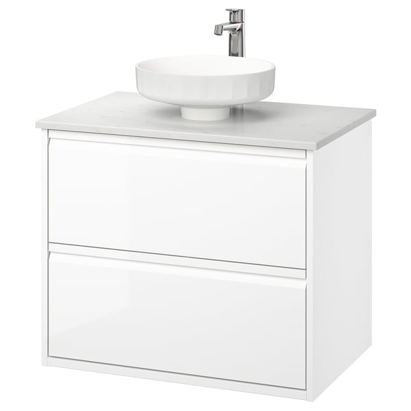 ÄNGSJÖN / LERSJÖN Sink cab w drawers/sink/tap, high gloss white/white marble effect, 31x21 1/2x31 3/8 "