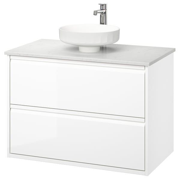 ÄNGSJÖN / LERSJÖN Sink cab w drawers/sink/tap, high gloss white/white marble effect, 37x21 1/2x31 3/8 "
