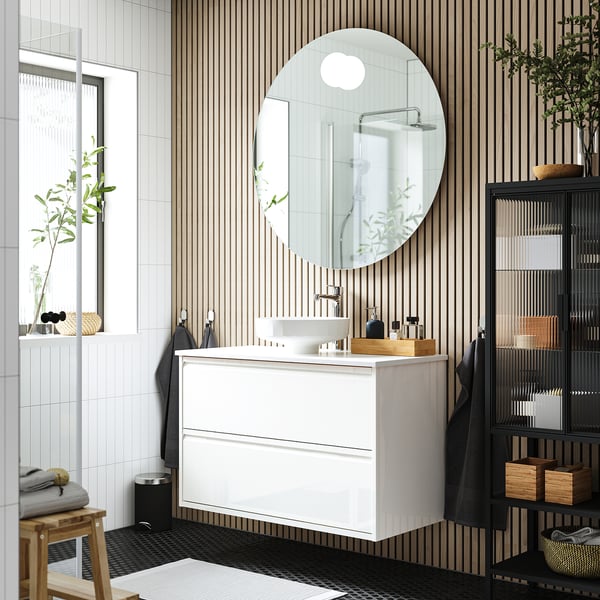 ÄNGSJÖN / LERSJÖN Sink cab w drawers/sink/tap, high gloss white/white marble effect, 37x21 1/2x31 3/8 "