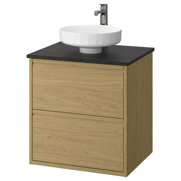 ÄNGSJÖN / LERSJÖN Sink cab w drawers/sink/tap, oak effect/black marble effect, 25x21 1/2x31 3/8 "