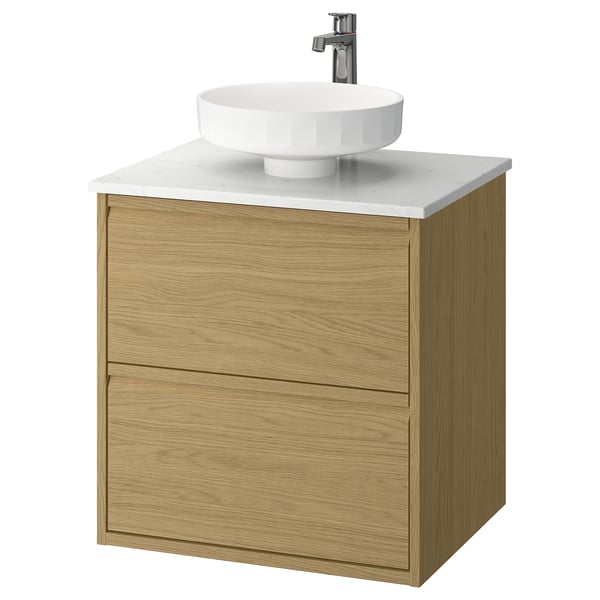 ÄNGSJÖN / LERSJÖN Sink cab w drawers/sink/tap, oak effect/white marble effect, 25x21 1/2x31 3/8 "