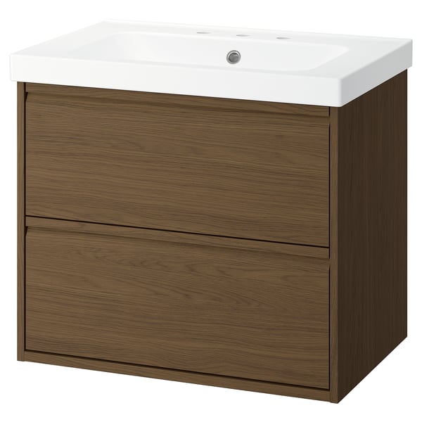 ÄNGSJÖN bathroom vanity: modern brown oak, wall-mounted, 2 drawers, white basin.