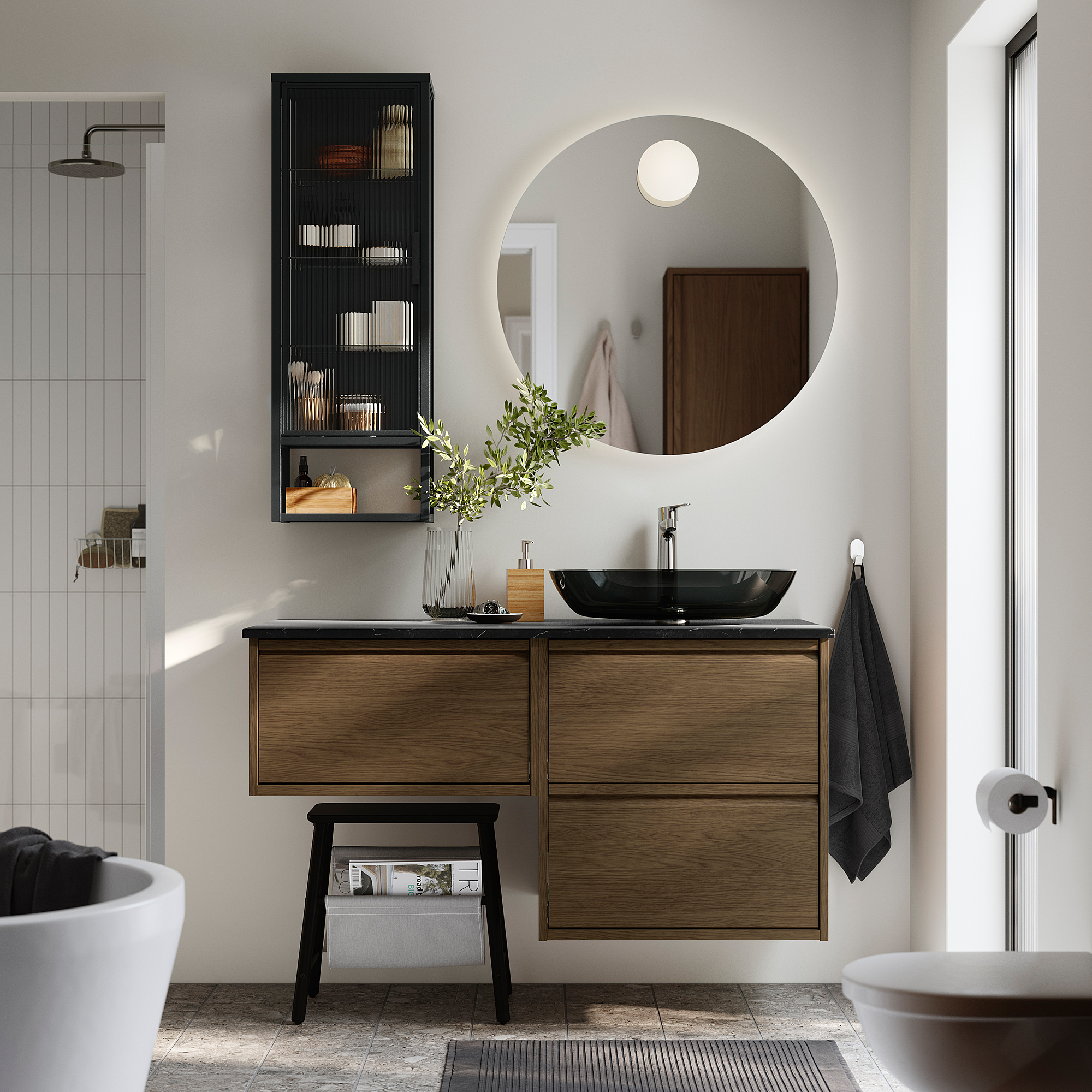ÄNGSJÖN / OXMYREN Sink cab/sinks/faucet, brown oak effect/black marble effect, 49x21 1/2x30 5/8 "