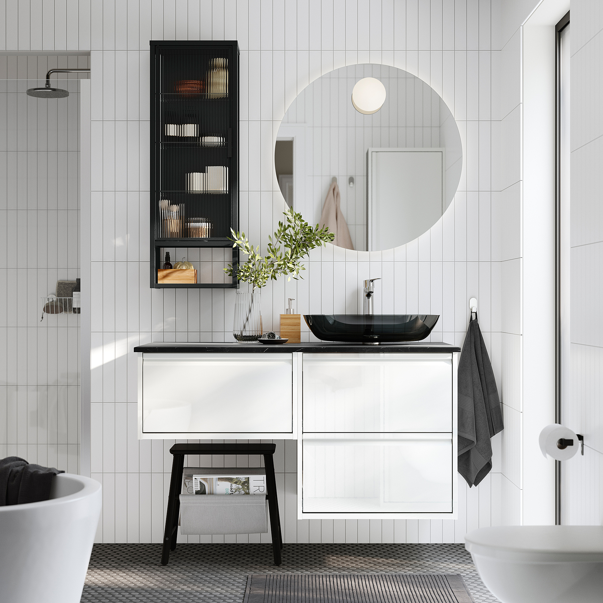 ÄNGSJÖN / OXMYREN Sink cab/sinks/faucet, high gloss white/black marble effect, 49x21 1/2x30 5/8 "