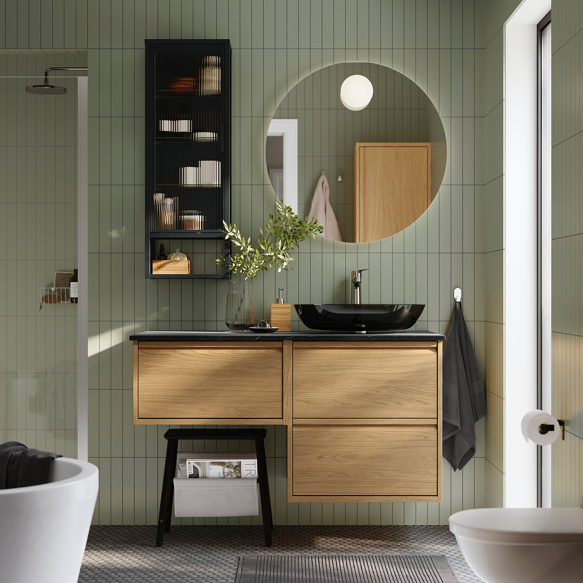 ÄNGSJÖN / OXMYREN Sink cab/sinks/faucet, oak effect/black marble effect, 49x21 1/2x30 5/8 "