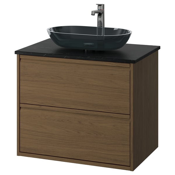 ÄNGSJÖN / OXMYREN Sink cab w drawers/sink/tap, brown oak effect/black marble effect, 31x21 1/2x30 5/8 "