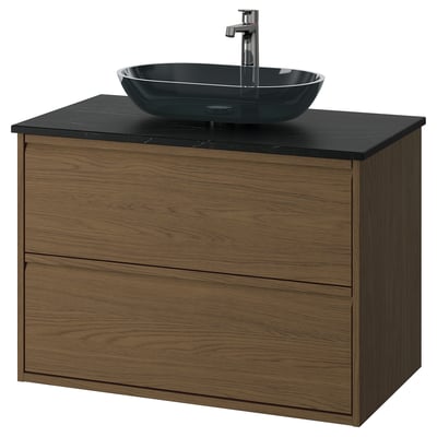 ÄNGSJÖN / OXMYREN Sink cab w drawers/sink/tap, brown oak effect/black marble effect, 37x21 1/2x30 5/8 "