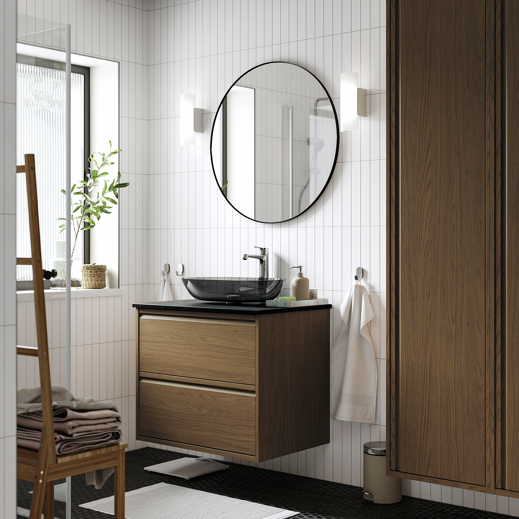ÄNGSJÖN / OXMYREN Sink cab w drawers/sink/tap, brown oak effect/black marble effect, 31x21 1/2x30 5/8 "