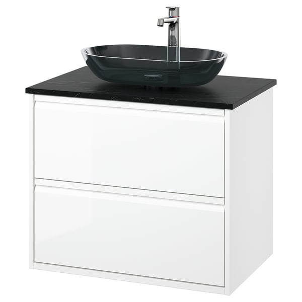 ÄNGSJÖN / OXMYREN Sink cab w drawers/sink/tap, high gloss white/black marble effect, 31x21 1/2x30 5/8 "