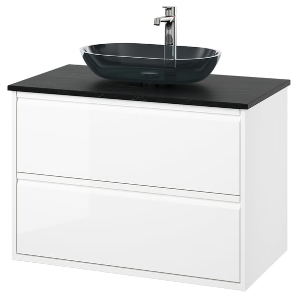 ÄNGSJÖN / OXMYREN Sink cab w drawers/sink/tap, high gloss white/black marble effect, 37x21 1/2x30 5/8 "