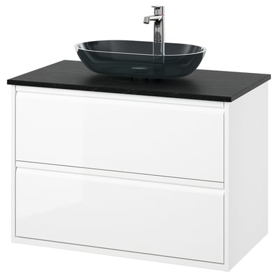 ÄNGSJÖN / OXMYREN Sink cab w drawers/sink/tap, high gloss white/black marble effect, 37x21 1/2x30 5/8 "