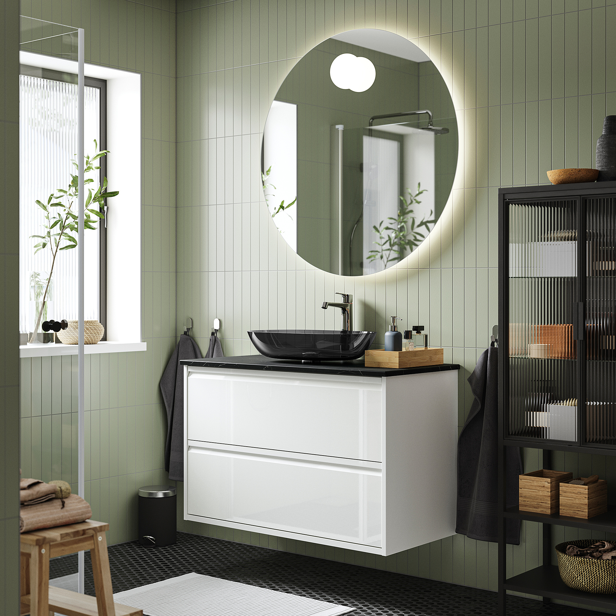 ÄNGSJÖN / OXMYREN Sink cab w drawers/sink/tap, high gloss white/black marble effect, 37x21 1/2x30 5/8 "